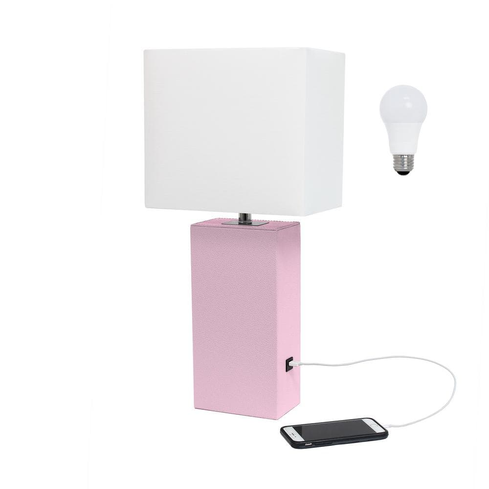 21 in. Blush Pink Modern Leather Wrapped Table Lamp, with LED Bulb Included