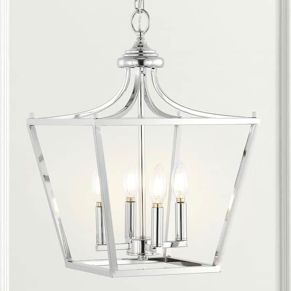 JONATHAN Y Camden 13 in. 4-Light Chrome Iron Classic Midcentury Farmhouse Lantern Pendant Light