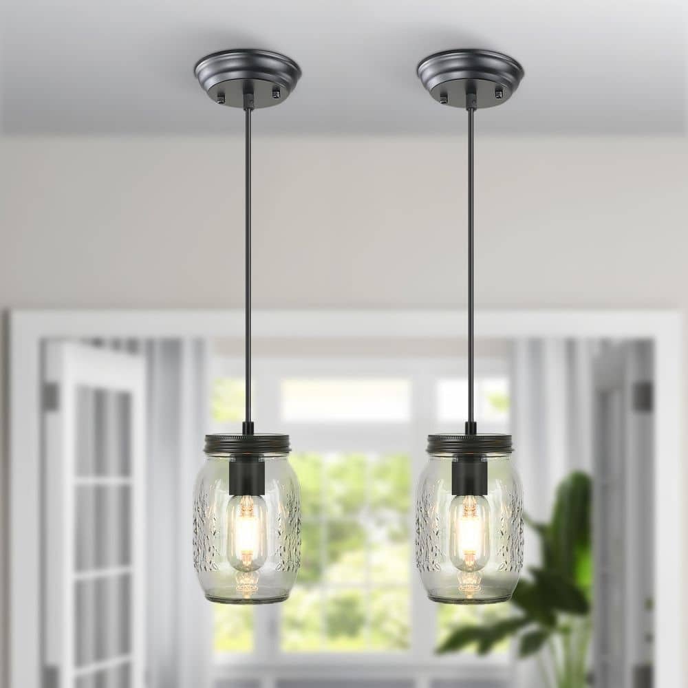 1-Light Matte Black Farmhouse Glass Mason Jar Mini Hanging Pendant Light (S