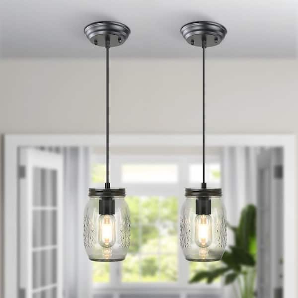 GoYeel 1-Light Matte Black Farmhouse Glass Mason Jar Mini Hanging Pendant Light (Set of 2)
