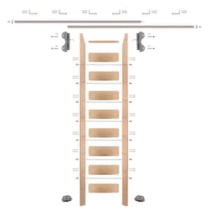 8.92 ft. Red Oak Library Ladder (10 ft. Reach) Satin Nickel Hook Hardware 12 ft. Rail and Horizontal Brackets