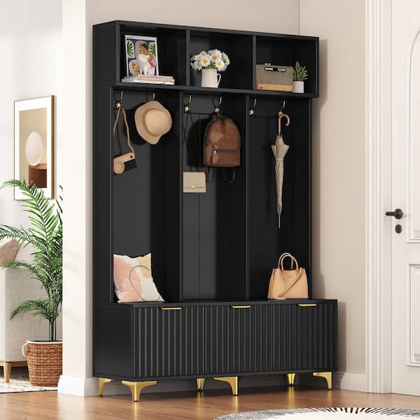 Nestfair Black Freestanding Hall Tree with Storage Bench, 6 Hooks and Legs