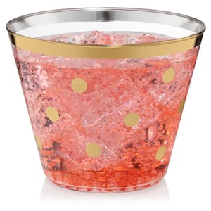 9 oz. Polka Dot Gold Rim Clear Disposable Plastic Cups, Party, Cold Drinks, (110/Pack)