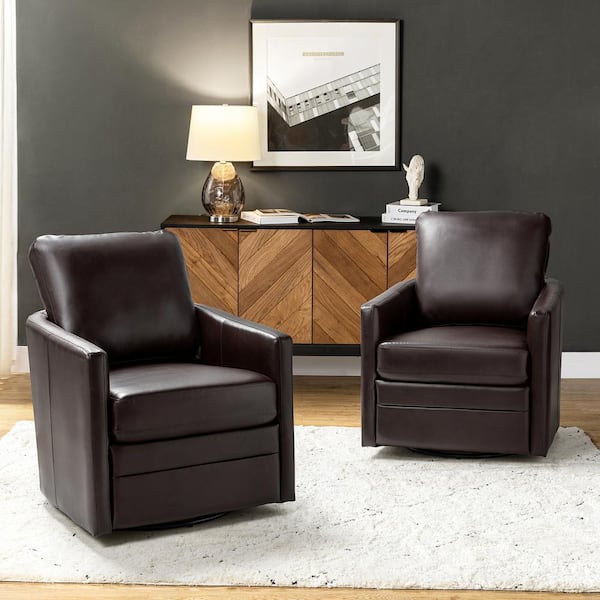 ARTFUL LIVING DESIGN Rosario 30 in. Brown Faux Leather Swivel Arm Chair with Cushion (Set of 2)