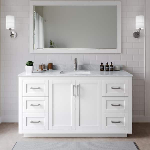 Wyndham Collection Miranda 66 in. W x 22 in. D x 33.75 in. H Single Sink Bath Vanity in White with White Carrara Marble Top and Mirror