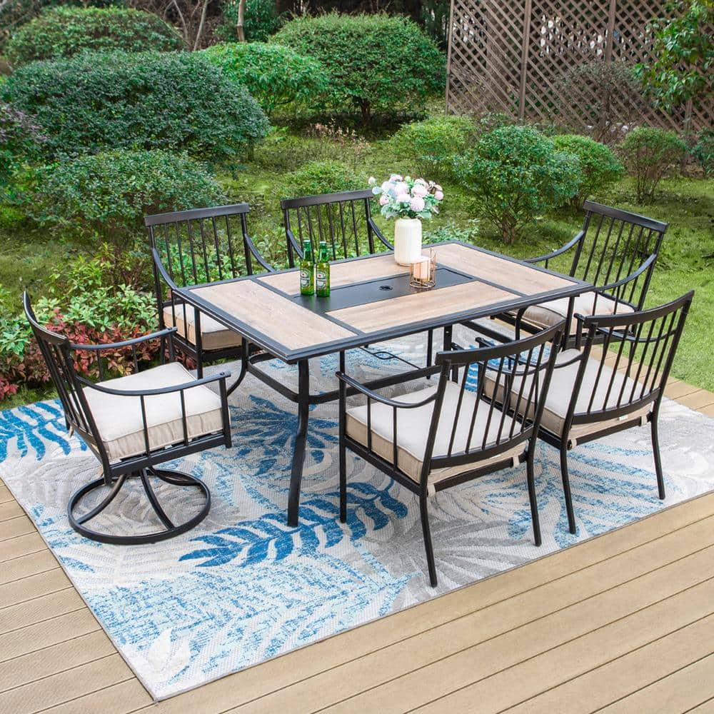 PHI VILLA 7-Piece Metal Patio Outdoor Dining Set with Wood-Look ...