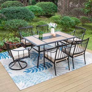 7-Piece Metal Patio Outdoor Dining Set with Wood-Look Tabletop and Swivel Chairs with Beige Cushion