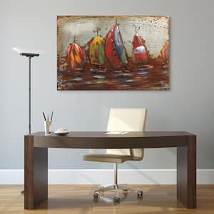 32 in. x 48 in. "The Regatta 1" Mixed Media Iron Hand Painted Dimensional Wall Art