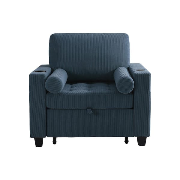 38.97 in. W Navy Corduroy Convertible Twin Size Single Sofa Bed with USB Port, Storage Pocket(Set of 1)