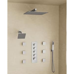 Thermostatic Valve 15-Spray 16 in. and 6 in. Wall Mount Dual Shower Head and Handheld Shower 2.5 GPM in Brushed Nickel