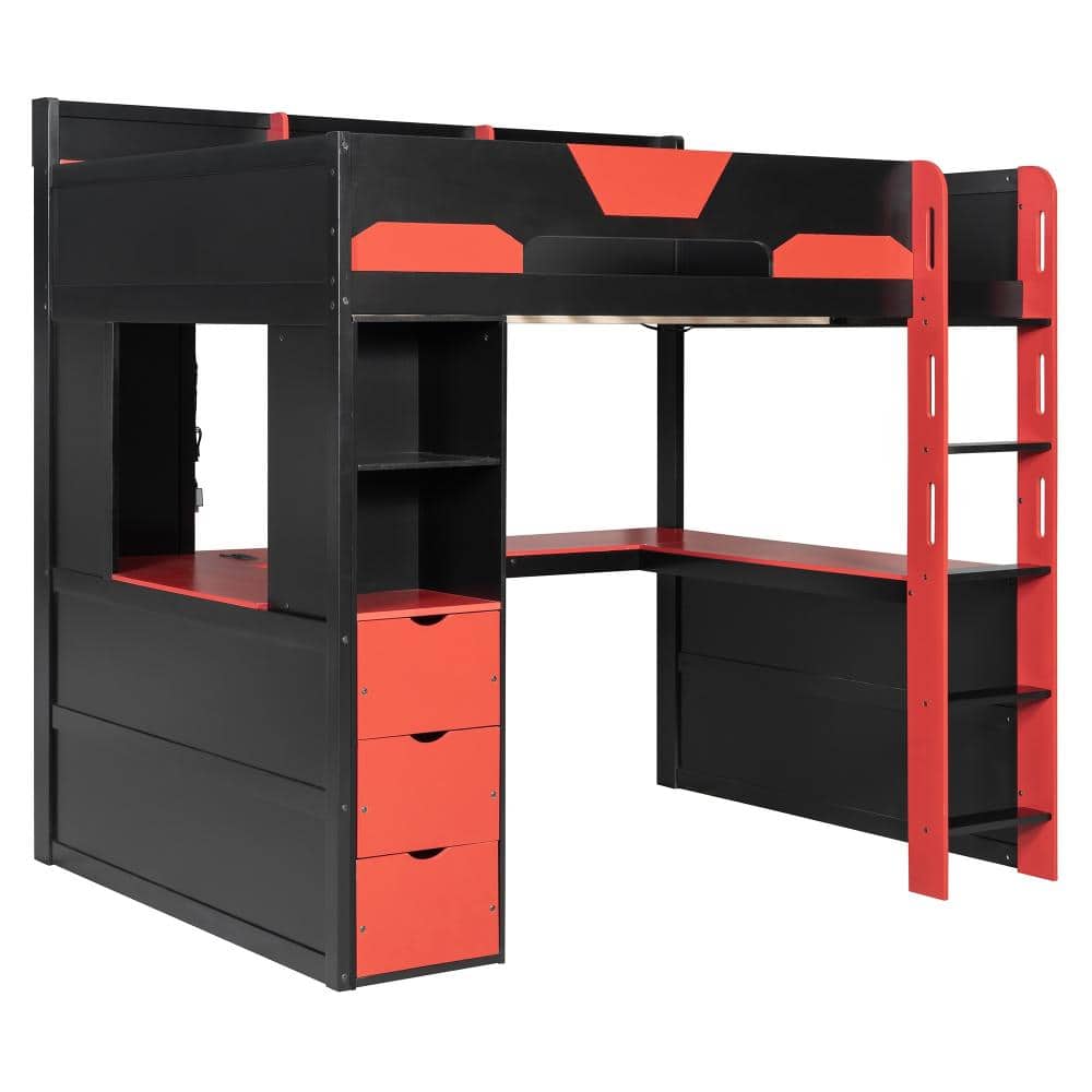Black+Red Full Wood Loft Bed with U-Shaped Desk, Smart RGB LED Lights, USB Ports, 3 Drawers and Storage Shelves price history on PriceWatchPro