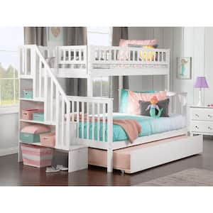 Woodland Staircase Bunk Bed Twin over Full with Twin Size Urban Trundle Bed in White