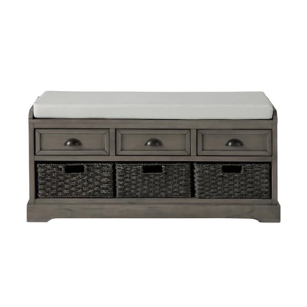 URTR Gray Wooden Storage Bench w/ 3-Drawers, 3-Baskets and Cushion for Entryway, Hallway, 20.2 in. H x 44 in. W x 13.7 in. D