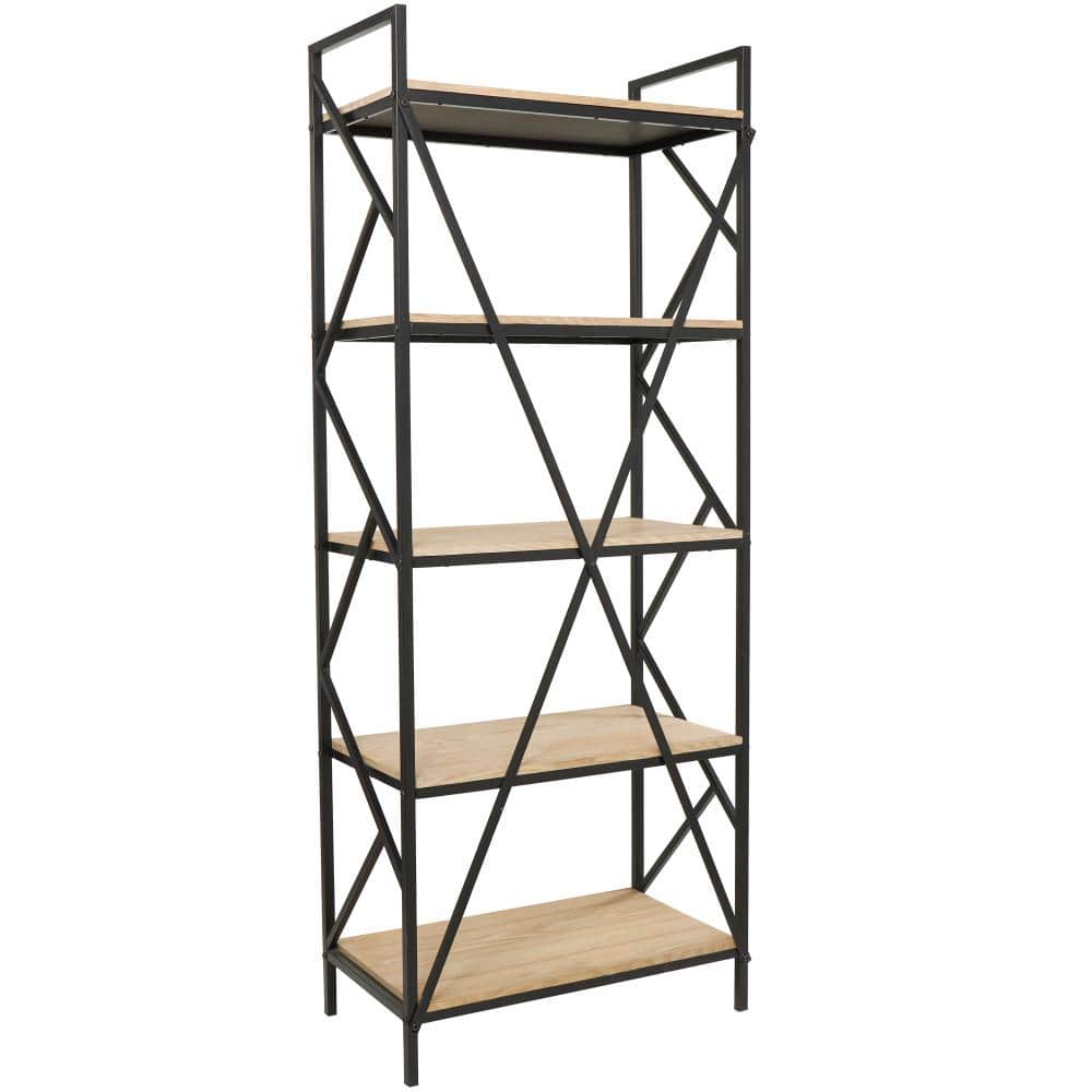 Industrial Brown Wood and Black Metal 5-Tier Étagère