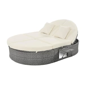 Gray Wicker Outdoor Day Bed, Garden Reclining Chaise Lounge with Beige Cushions, Adjustable Backrests and Pillows