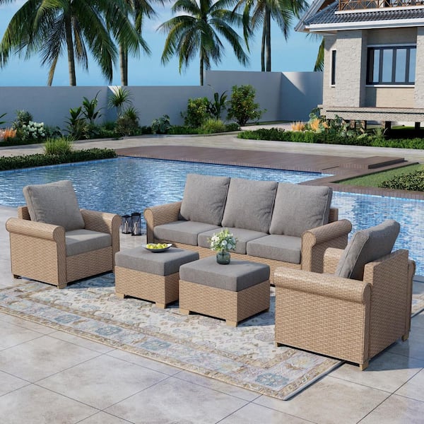 PHI VILLA 5-Piece Wicker Outdoor Sectional Set with Gray Cushions