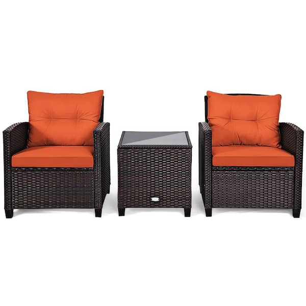 3-Piece Wicker Patio Conversation Set Outdoor Rattan Furniture with Orange Cushions