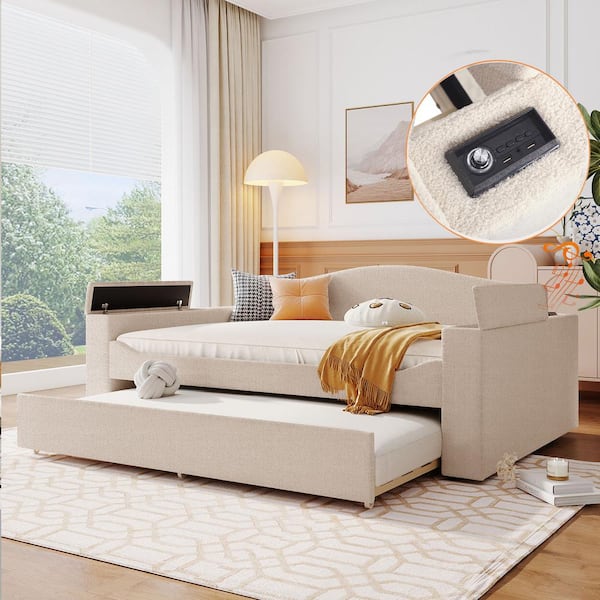 Harper & Bright Designs Beige Full Teddy Fleece Upholstered Daybed with Trundle, Flip-Top Storage Armrests, Bluetooth Audio System, USB Ports