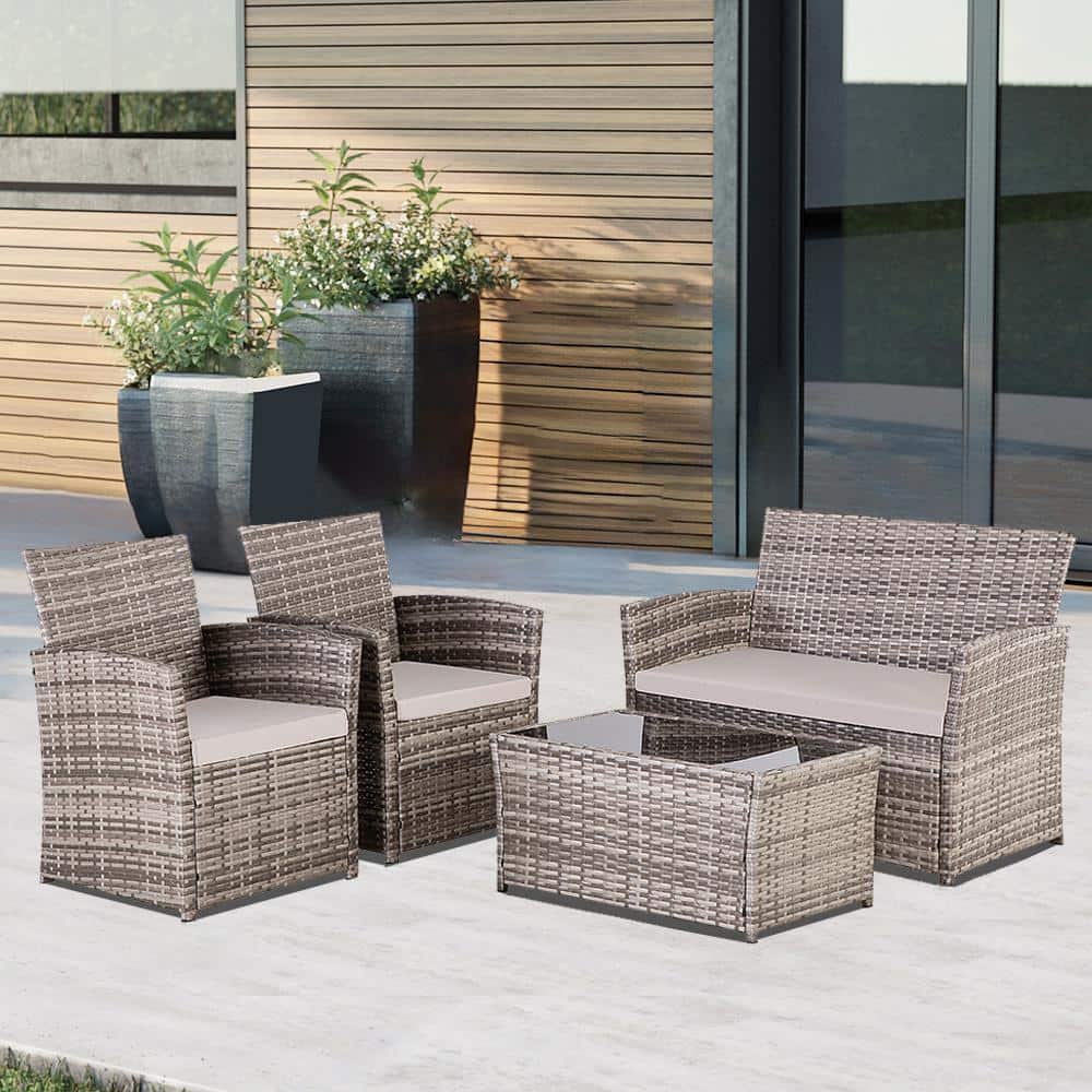 Tenleaf 4-Piece Wicker Patio Conversation Set with Gray Cushions FCBF16 ...