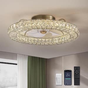 Modern 22 in. Indoor Gold Low Profile Crystal Chandelier Ceiling Fan with Light with Remote Included