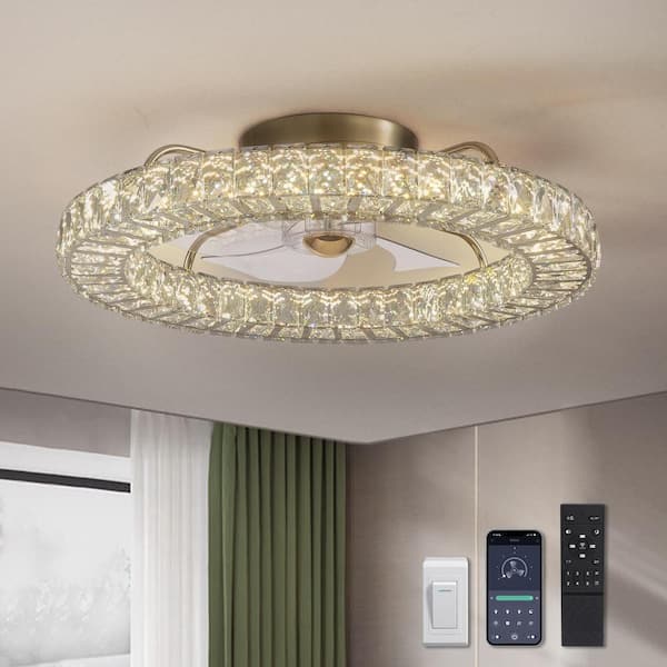 Pacific Core Modern 22 in. Indoor Gold Low Profile Crystal Chandelier Ceiling Fan with Light with Remote Included