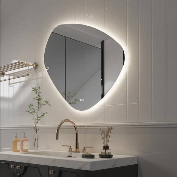 ANGELES HOME 32 in. x 30 in. Teardrop Novelty/Specialty Frameless Anti-Fog Back-Lit LED Wall Bathroom Vanity Mirror in Silver