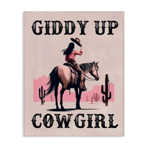 Stupell Industries Giddy Up Brunette Cowgirl by Lettered and Lined Unframed People Graphic Art Print 48 in. x 36 in.