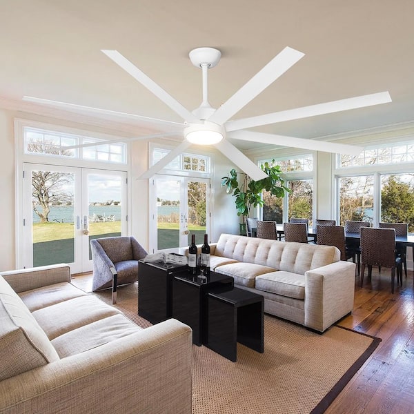 72 in. White 8-Fan Blades and LED Light and Reversible DC Motor Downrod Standard Ceiling Fan with Remote