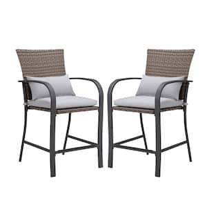 Ergonomically Designed Waterproof Hand-Woven Wicker plus Steel Frame Outdoor Bar Stool with Gray Cushion (2-Pack)