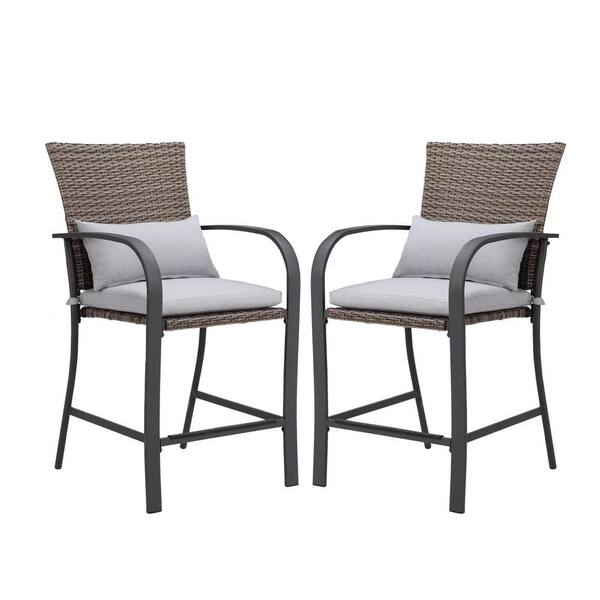 Tenleaf Ergonomically Designed Waterproof Hand-Woven Wicker plus Steel Frame Outdoor Bar Stool with Gray Cushion (2-Pack)