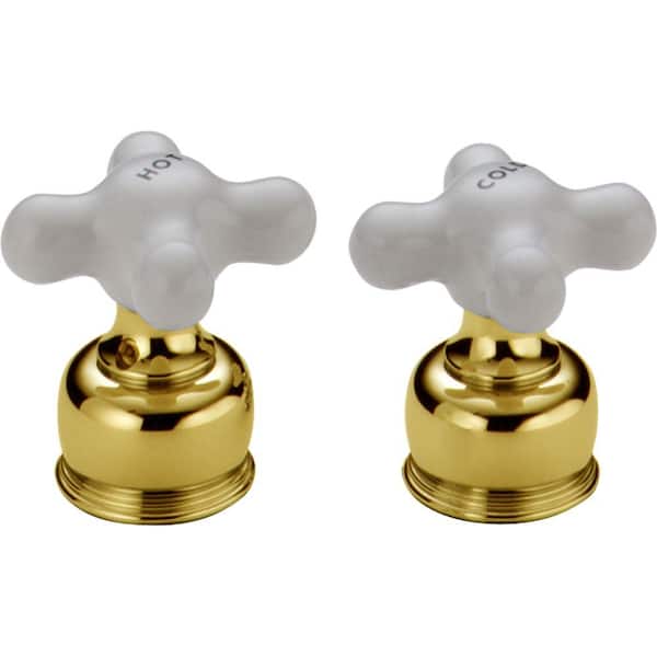 Delta Pair of Porcelain Cross Handles on Polished Brass Bases for 2-Handle Bathroom Faucets