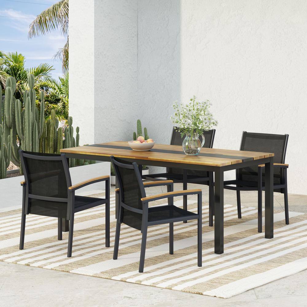 Gray and Natural Brown Aluminum Outdoor Dining Chairs with Faux Wood Accents, Set of 4
