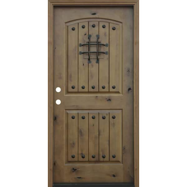 Pacific Entries 36 in. x 80 in. Rustic Arched 2-Panel V-Groove Stained Knotty Alder Wood Prehung Front Door