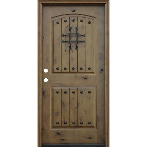 Pacific Entries 36 in. x 80 in. Rustic Arched 2-Panel V-Groove Stained Knotty Alder Wood Prehung Front Door with 6 in. Wall Series