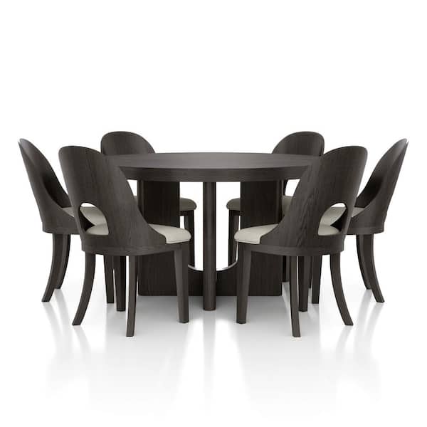 Hairin 7-Piece Round Ash Gray Wood Top Dining Room Set with Wire Brush, Curved Back and Padded Chair Seat (Seats 6)