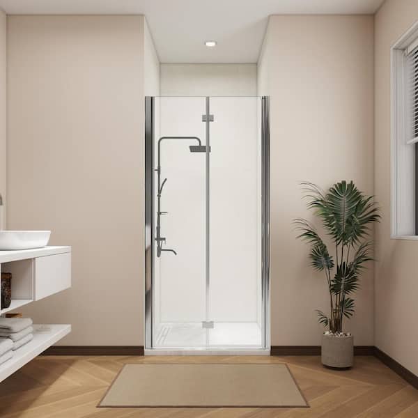 ANGELES HOME 30-31 3/8 in. W x 72 in. H Bi-Fold Semi-Frameless Shower Door in Chrome Finish with 1/4 in. Tempered Clear Glass