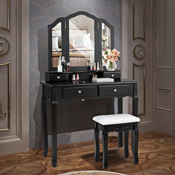 FORCLOVER 4-Drawer Black Dressing Vanity Table Stool Set with Tri