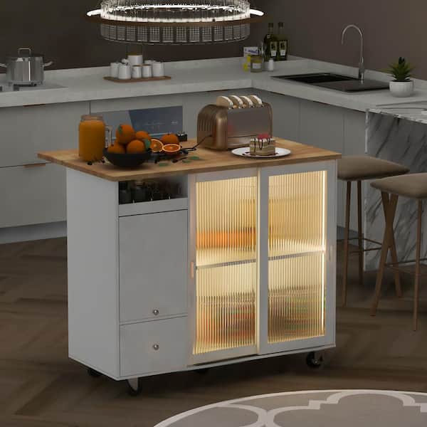 tunuo White Wood 44 in. Kitchen Island with Drop Leaf, Kitchen Cart with LED Light Large Storage and Changeable Wheels or Feet