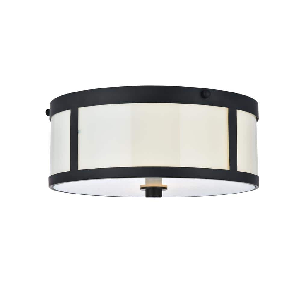 Timless Home 12 in. 2-Light Transitional Flat Black And White Flush Mount w