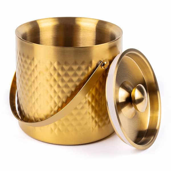 Wudkey Double Wall Insulated 3L Stainless Steel Gold Ice Bucket with Airtight Lid and Scoop, Bar Cart Accessories