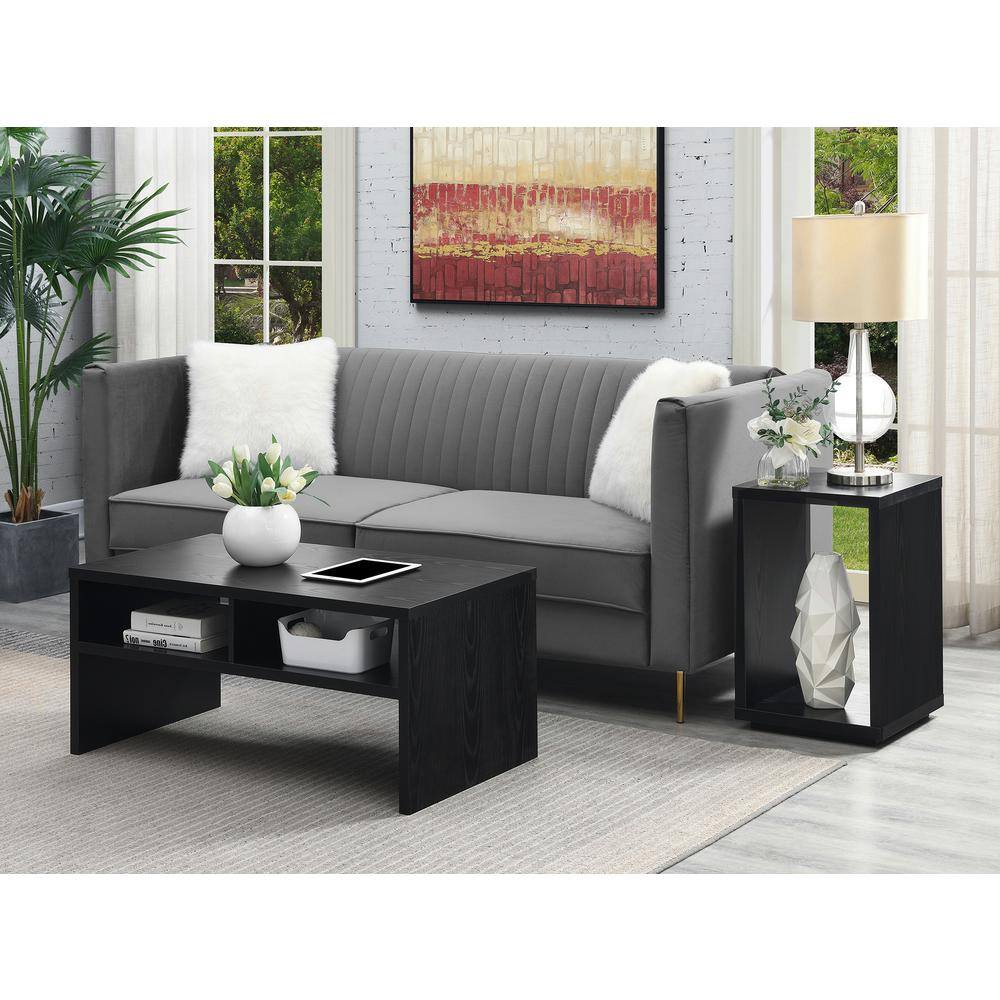 Modern Black Wood & Stone Rectangular End Table with Shelf