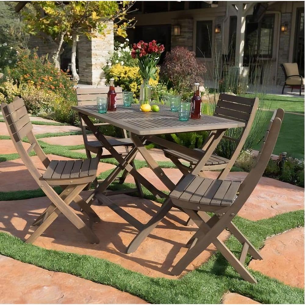 5-Piece Gray Acacia Wood Portable Folding Tray and Chair Set