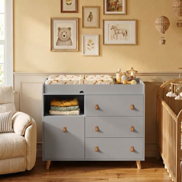 FUFU&GAGA 4-Drawer Gray Wood Kids Dresser Changing Table Dresser