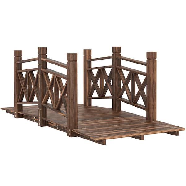 5 ft. Wooden Garden Bridge with Safety Rails, Backyard Bridge Footbridge for Ponds, Creeks, Streams, Carbonized