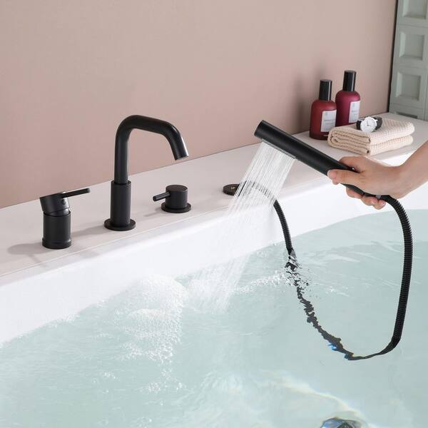 Tub Faucet Set Robinet De Baignoire Avec Douchette Bathtub Faucet Matte Black,s With Hand Shower 2 Cross Handles 4 Hole Bathtub Faucet Deck Mount Bathroom Faucet Brass Deck Mount Roman Shower System