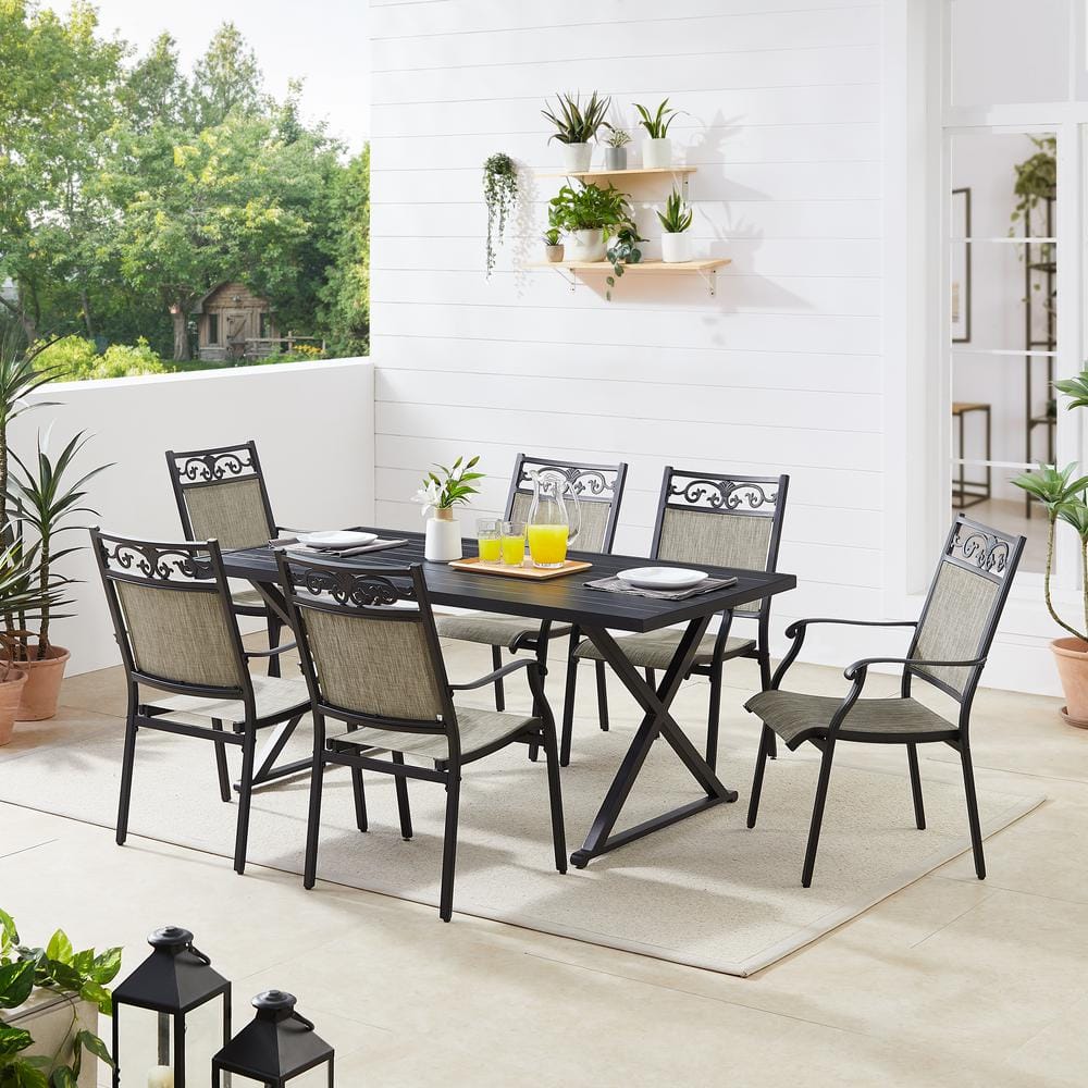 Black and Grey Cast Aluminum Patio Dining Armchairs, Set of 2