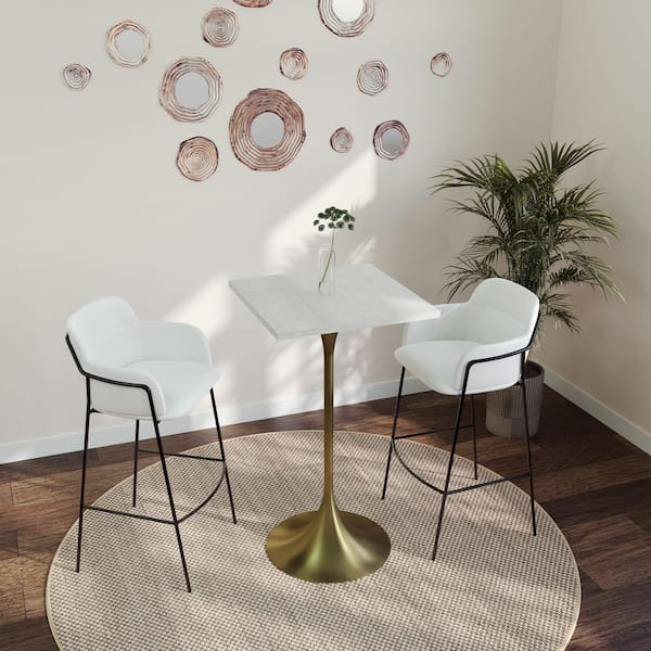 Verve 24 in. Wide Square Dining Table MDF Wood Tabletop and Brushed Gold Stainless Steel Pedestal Base in Natural Wood