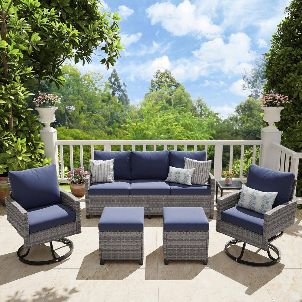 6 Pieces Gray Patio Wicker Furniture Sets Outdoor Conversation Set Sectional Sofa with Swivel Chairs,Thick Navy Cushions price history on PriceWatchPro