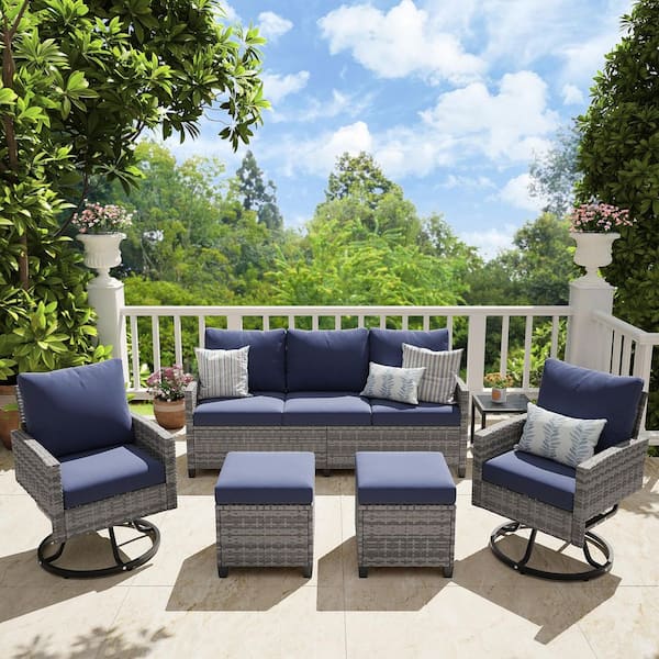 6 Pieces Gray Patio Wicker Furniture Sets Outdoor Conversation Set Sectional Sofa with Swivel Chairs,Thick Navy Cushions