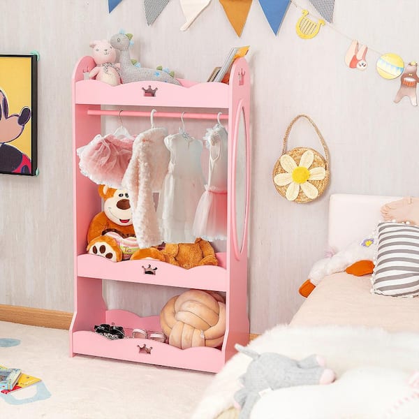 Kids Dress Up Storage Hanging Armoire Dresser Pretend Costume Closet with Mirror
